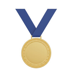 Gold medal with blue ribbon on transparent background symbolizing achievement and victory in a competition or award ceremony