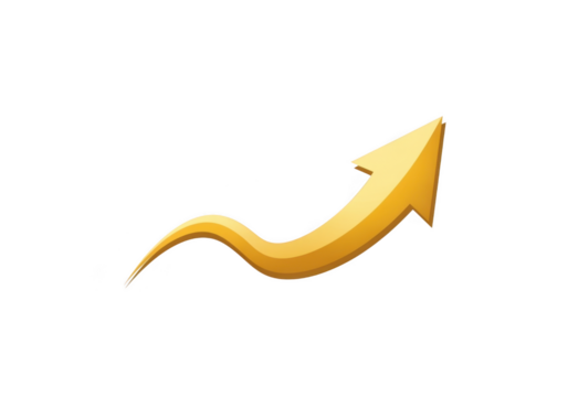 Golden upward curving arrow indicating growth and progress isolated on transparent background