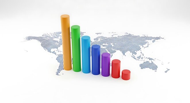 Colorful bar graph showing a downward trend, symbolizing economic decline or loss, set against a world map on white background isolated on white background - Powered by Adobe