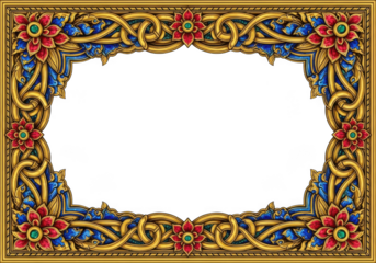 Ornate golden floral frame with intricate interwoven patterns isolated on transparent background