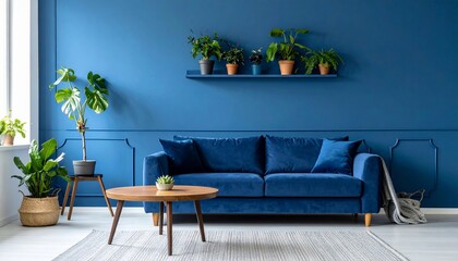 Fototapeta premium Stylish living room interior with a blue sofa and indoor plants, creating a relaxed aesthetic