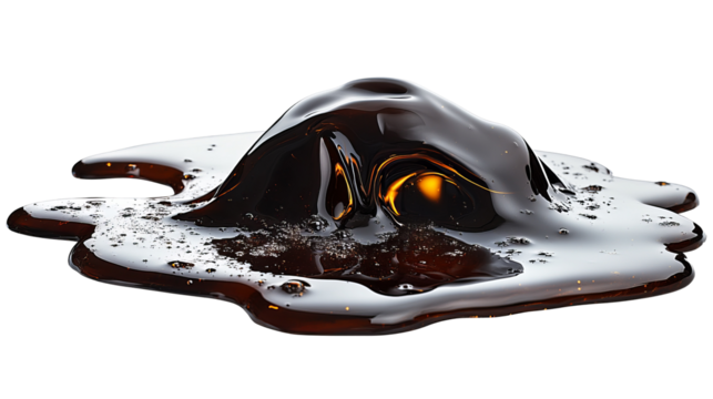 Close-up of dark liquid erupting from a pool of the same substance, isolated