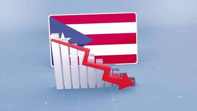 Puerto Rico Flag and Bar Chart Graph Showing Decreasing Values a Red Arrow Economic Crisis Concept