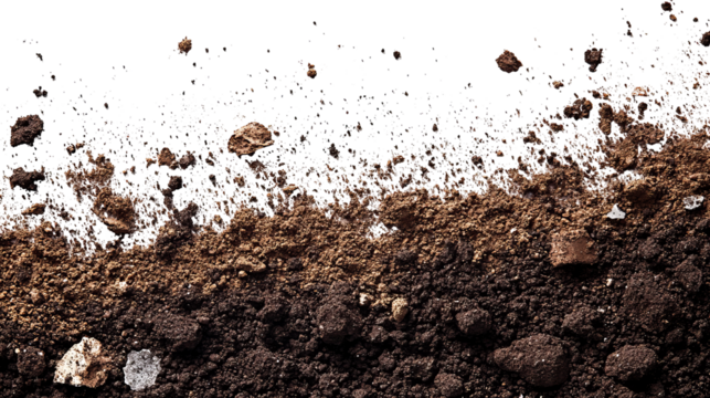 Close-up of dark, rich soil with varying textures and small rocks against black