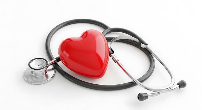 A red heart resting on a stethoscope isolated on white background, symbolizing healthcare, cardiology, and the importance of heart health and medical checkups