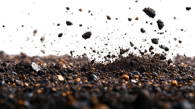 Close-up of dark soil with clumps and specks in dynamic, upward movement