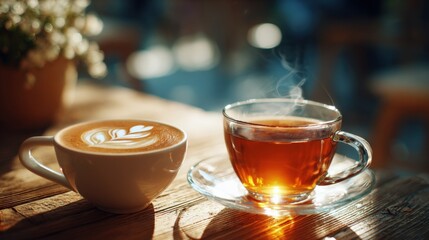 Coffee latte art and a cup of tea on a wooden table in cafe shop
