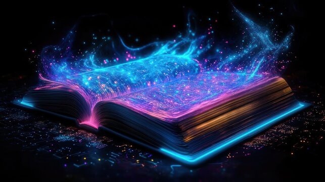 Open book emitting glowing blue and pink magical light particles and digital energy effects on a dark background, evoking wonder and mystery