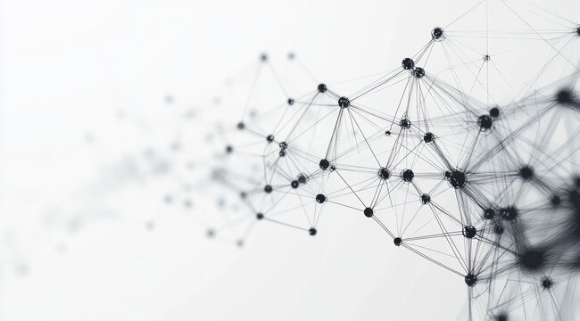 Abstract black network of interconnected dots and lines forming a complex web on a white blurred background, symbolizing data connections or digital communication