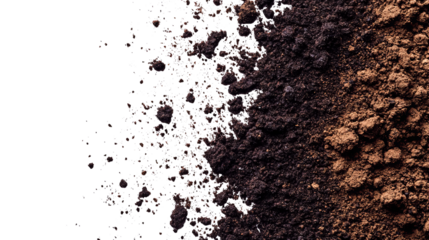 Close-up of soil transition from black to brown with textured details and space