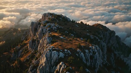 Scenic Mountain Peak Above Clouds A Rugged Landscape Under Golden Sunlight - Powered by Adobe