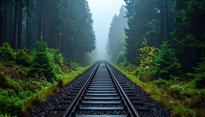 Fototapeta premium Train Tracks Through a Misty Forest with Lush Greenery and Golden Light Accents