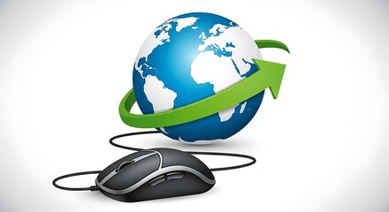 A digital globe encircled by a green arrow, connected to a computer mouse, representing global connectivity, online communication, and the power of the internet