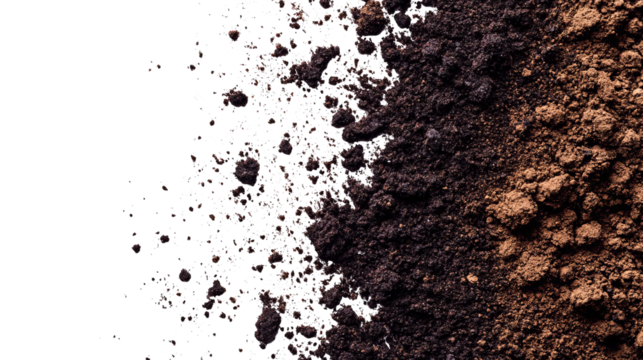 Close-up of soil transition from black to brown with textured details and space