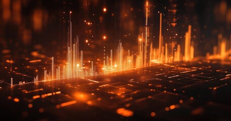 Glowing digital cityscape with vertical light bars representing data visualization in warm orange tones on a dark background evoking futuristic technology