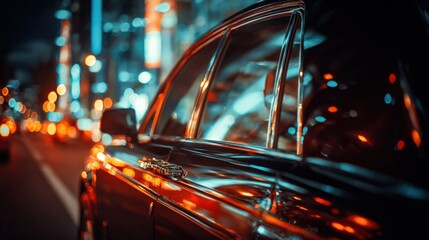 Sleek black car driving at night in a vibrant urban setting with bokeh lights