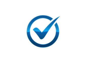 Glossy blue check mark symbol inside a circle isolated on transparent background