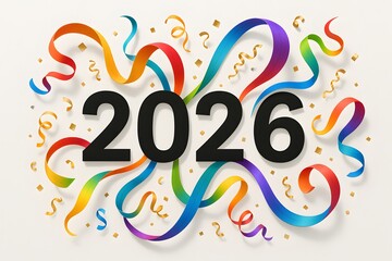 Bold &ldquo;2026&rdquo; Typography &ndash; Swirling Ribbons and Metallic Confetti on White