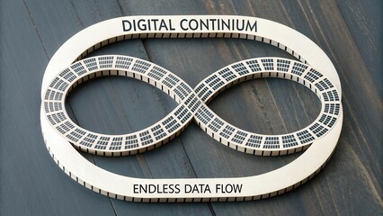 Naklejka premium Visual representation of digital continuum symbolizing endless data flow on wooden background with infinity design