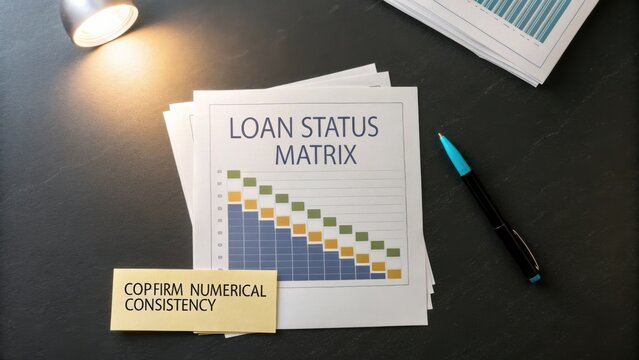 Detailed Loan Status Matrix on Paper Sheets with Pen and Desk Lamp, Showing Numerical Consistency Analysis