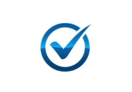 Glossy blue check mark symbol inside a circle isolated on transparent background