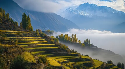 Lush terraces in a misty himalayan valley with snowcapped mountains afar