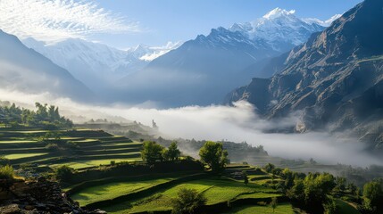 Verdant terraces and misty valley in the himalayas under a bright sky