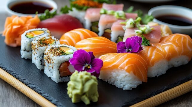 Assorted sushi platter with salmon nigiri, sushi rolls topped with sesame seeds, garnished with edible purple flowers, wasabi, and soy sauce on black slate