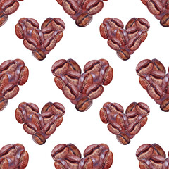 Watercolor seamless pattern with heart of brown coffee bean on white background. Aroma caffeine ingredient for hot drink beverage. Hand-drawn art for sticker. Kitchen or cafe wallpaper or wrapping
