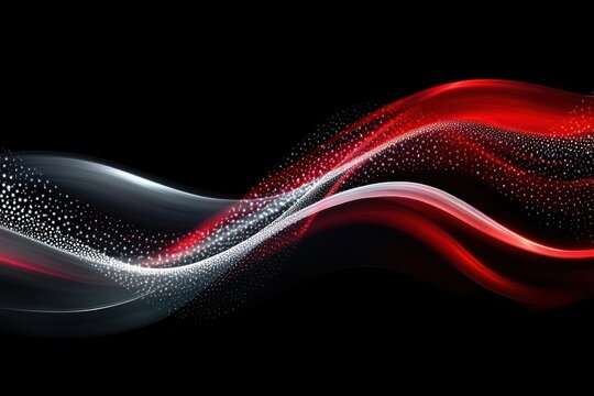Dynamic flowing waves of red and white light particles swirling against a black background conveying energy and motion - Powered by Adobe