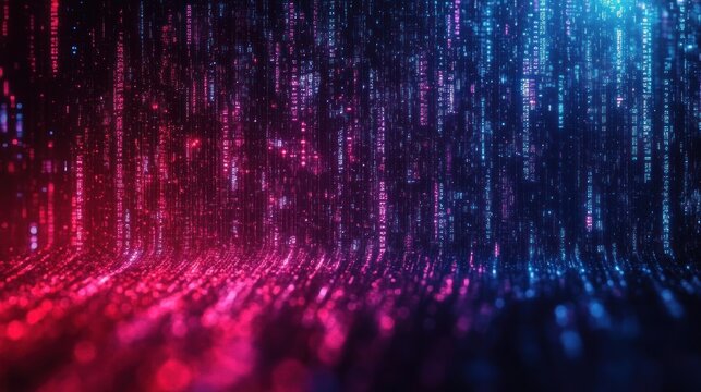 Abstract digital data streams represented by glowing red and blue vertical lines falling and blending into the surface, evoking a futuristic and dynamic atmosphere - Powered by Adobe