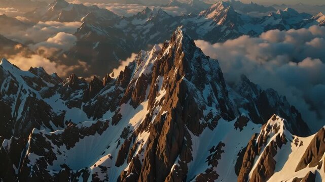 Golden sunlight illuminates a dramatic, snow-capped mountain peak towering over a cloudy valley, capturing the sublime beauty of the high alps