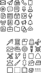 Handdrawn icon sets for communication and sewing.
