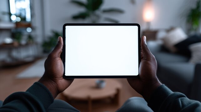 African American man holds a tablet computer with a blank screen in a living room - Powered by Adobe