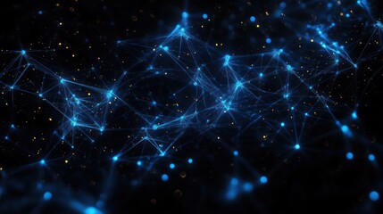 Abstract glowing blue network of interconnected points and lines on dark background with scattered golden particles conveying digital connectivity and complexity
