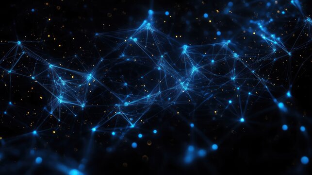 Abstract glowing blue network of interconnected points and lines on dark background with scattered golden particles conveying digital connectivity and complexity