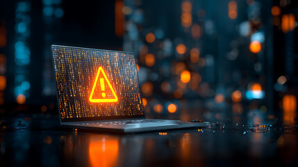 Security breach alert on laptop with digital binary code, highlighting cyber threat and data security vulnerability in a modern tech environment