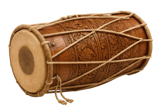 Ornate dholak featuring traditional indian carving and rope lacing on wooden drum percussion instrument, transparent background