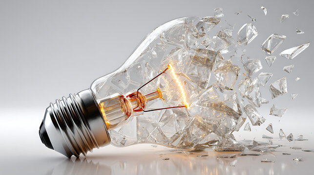 Shattered lightbulb revealing innovative ideas, conceptual breakthrough with creative solutions, and disruption in technology, inspiring ingenuity