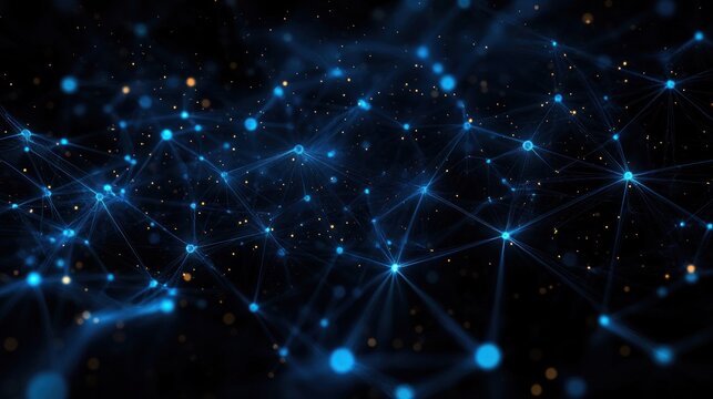 Abstract network of interconnected glowing blue nodes and lines on a dark background with scattered golden particles conveying digital connectivity and complexity