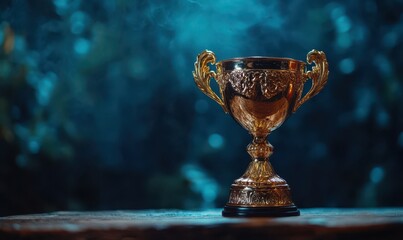 golden trophy award bokeh soft blue background. copy space for text. Winner or 1st place gold trophy award concept