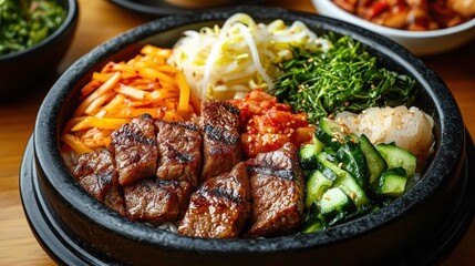 Close-up of a vibrant bowl with grilled beef chunks, shredded carrots, bean sprouts, seasoned greens, kimchi, cucumber salad, and rice in a black stone bowl