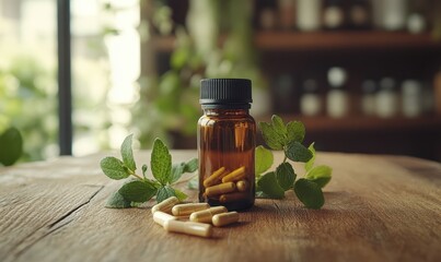 pills of herbal and leaves with bottle on top view of wood table concept in care and healthy strong body for maintaining health
