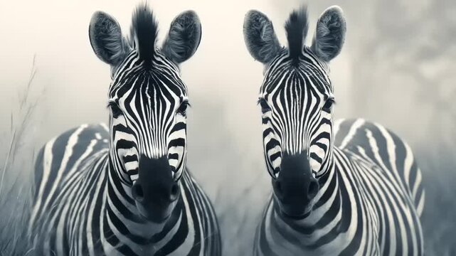 Two zebras face forward in a serene grayscale landscape, their striking black and white stripes prominent against a misty backdrop.