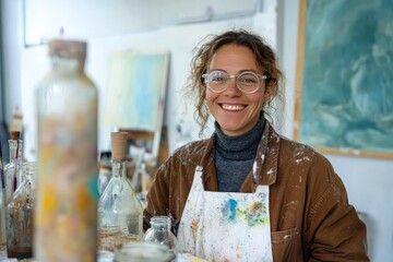 Smiling woman wearing glasses and a paint-splattered apron sitting in an art studio surrounded by glass bottles and painting materials