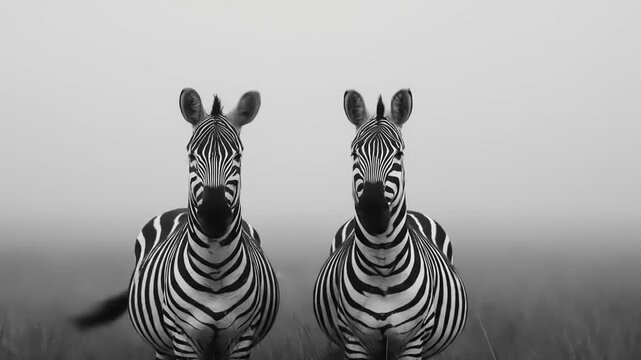 Two zebras stand in a field shrouded in a light fog, their striking black and white patterns highlighted against the muted tones of the landscape.