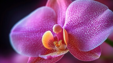 Close-up of a vibrant purple orchid flower with detailed petals and soft lighting conveying delicate beauty and tranquility