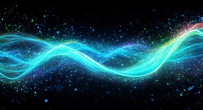 Glowing blue and green wave of light particles flowing dynamically in a dark space creating a vibrant and energetic atmosphere