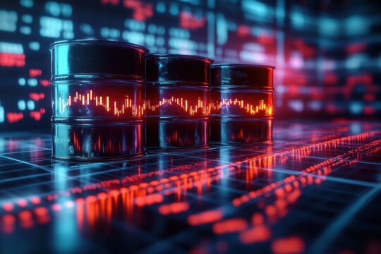 Three black oil barrels with fluctuating red and orange digital stock market graphs reflected on a futuristic grid surface symbolizing energy market volatility - Powered by Adobe