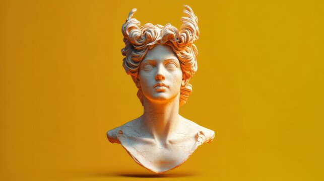 Classical white marble bust of a serene female figure with elaborate swirling hair against a vibrant yellow background